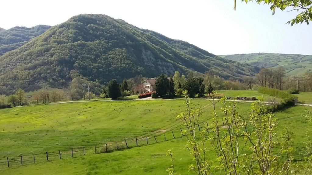 een huis in een veld met een berg op de achtergrond bij App.to Pian del Ronco in Pellegrino Parmense