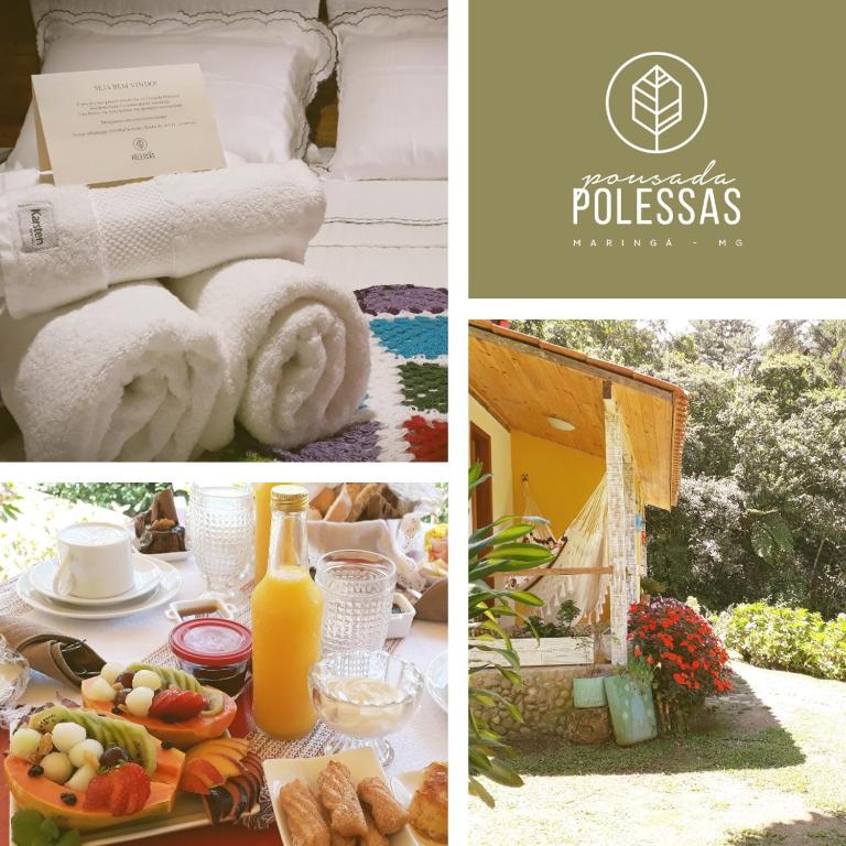 a collage of pictures with a table with food and towels at Pousada Polessas in Visconde De Maua