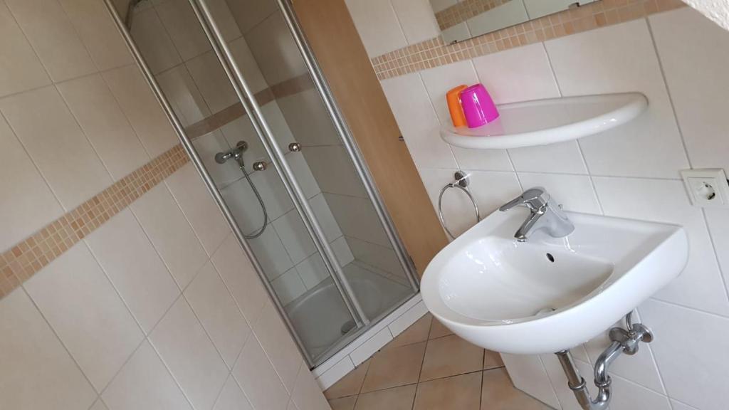 a bathroom with a shower and a sink and a toilet at Gasthaus Schug-Müller in Flacht