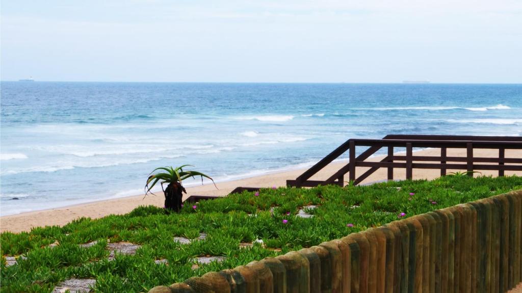 a person sitting on the beach near the ocean at Ansteys Beach Self Catering Apartments in Durban