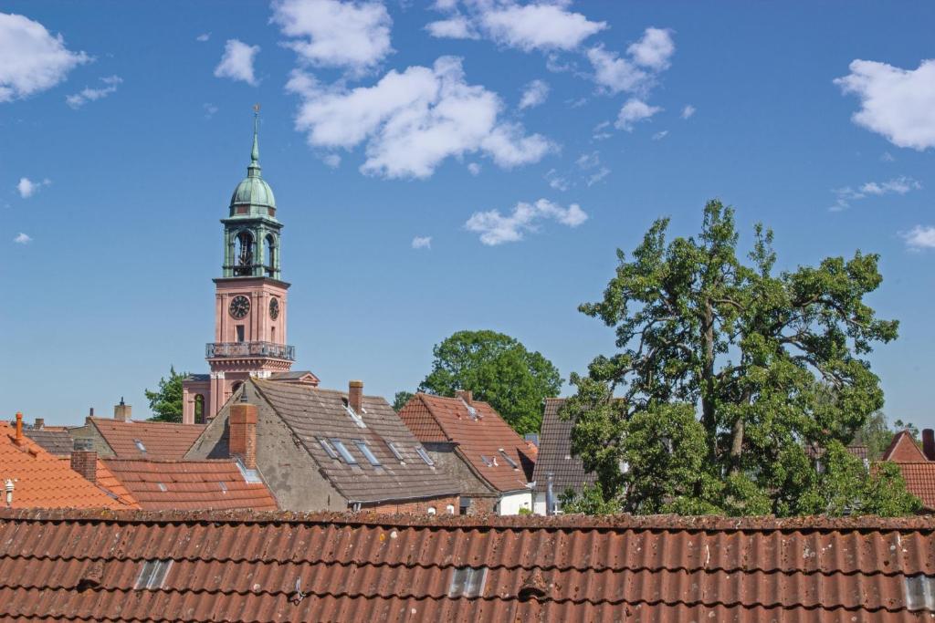 einen Blick auf die Dächer mit einem Uhrturm im Hintergrund in der Unterkunft Zimmer Und Aussicht in Friedrichstadt