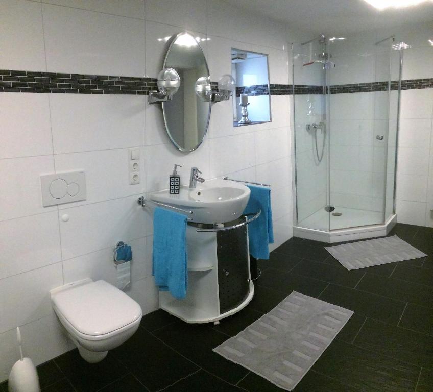 ein Bad mit einem Waschbecken, einem WC und einer Dusche in der Unterkunft Möbliertes Apartment mit bestem Anschluss - Hangelar Mitte in Sankt Augustin