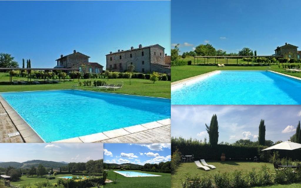 a collage of four pictures of a swimming pool at La terrazzina nel borgo apt dimora storica toscana pool&garden in Lano