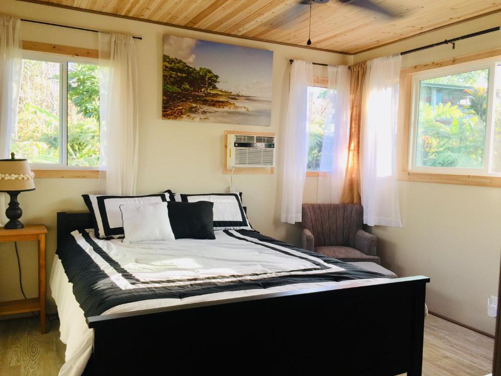 ein Schlafzimmer mit einem großen Bett und zwei Fenstern in der Unterkunft Hale Nonno in Pahoa
