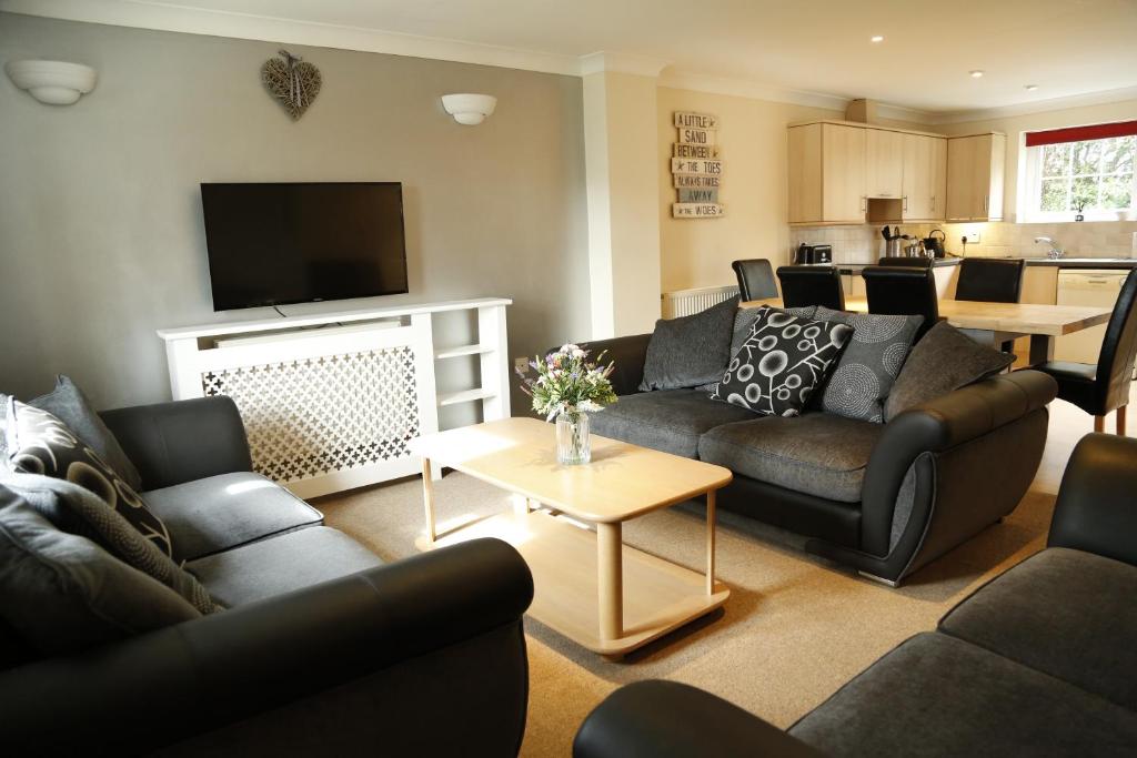 a living room with couches and a tv at Sea Thrift in Newquay