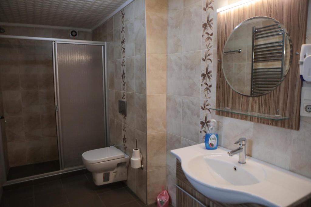 La salle de bains est pourvue de toilettes, d'un lavabo et d'une douche. dans l'établissement Aslan Home Apart, à Istanbul