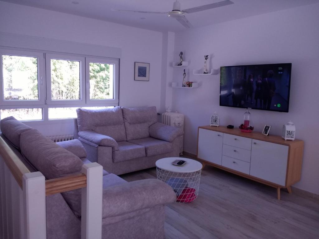 ein Wohnzimmer mit 2 Sofas und einem Flachbild-TV in der Unterkunft Albergue La Magia del Camino in Comillas