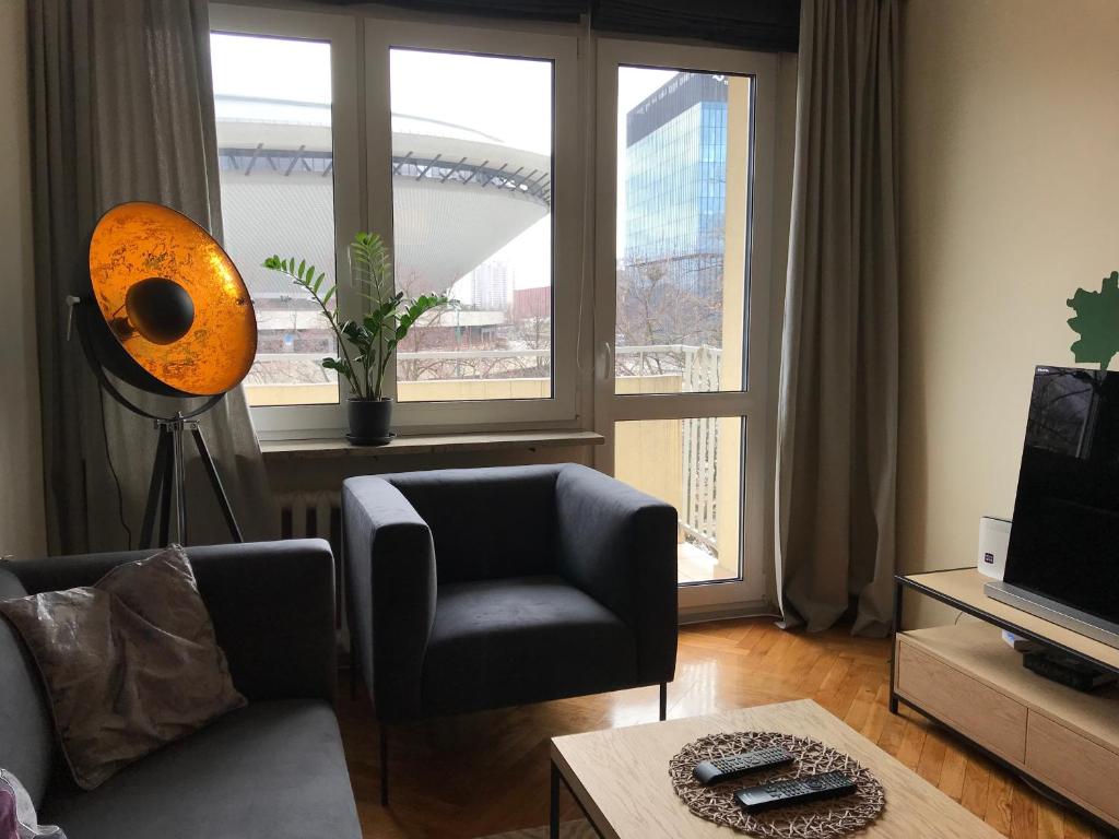 カトヴィツェにあるCosy apartment with amazing viewのリビングルーム(ソファ、椅子、窓付)