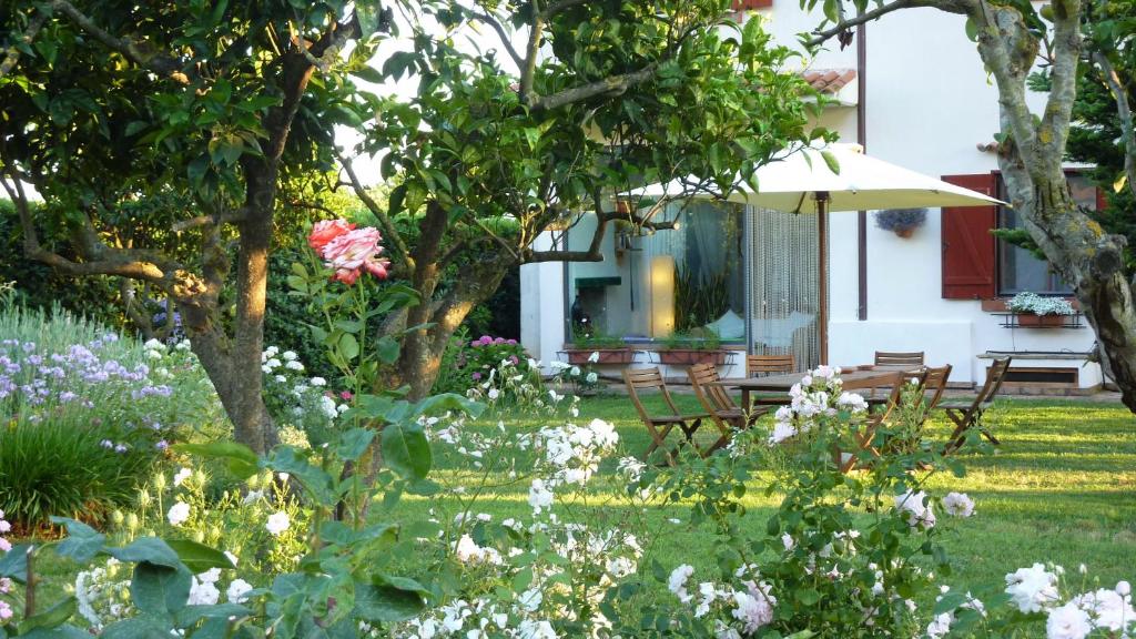 um jardim com cadeiras e um guarda-sol e flores em VILLA PRATO em Sperlonga