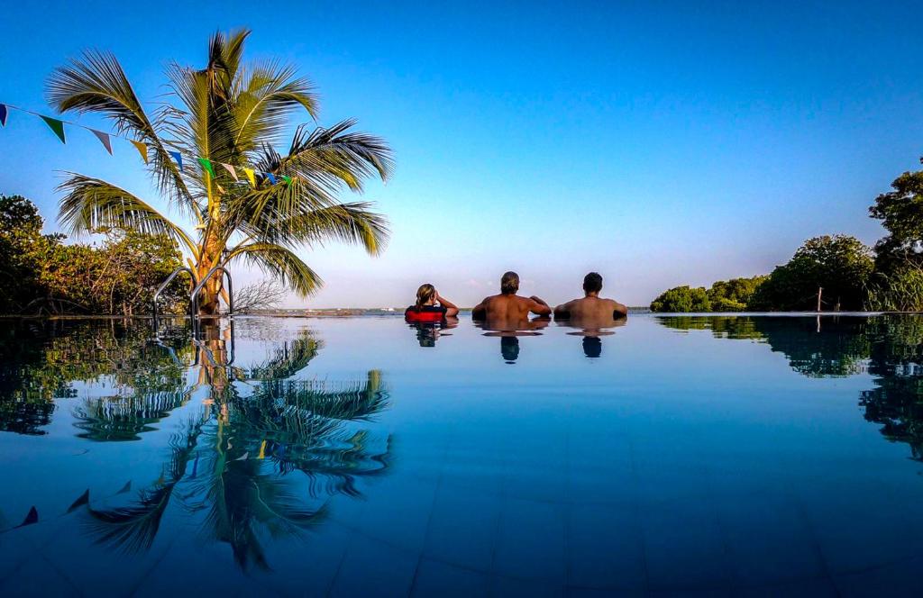 a group of three people sitting in the water next to a palm tree at Nico Lagoon Hotel in Negombo