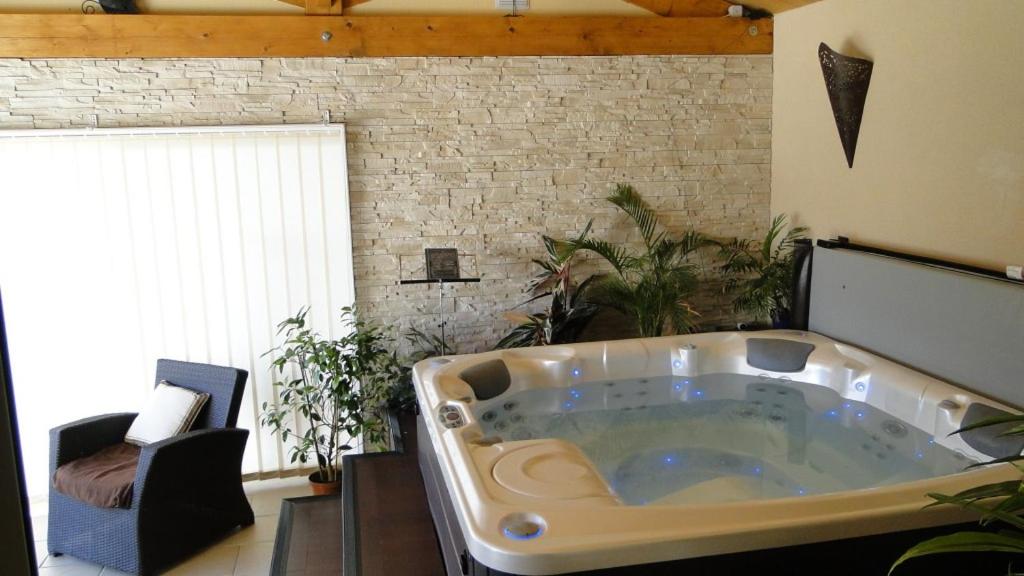 a large bath tub in a room with plants at Le Mas des Geais in Atur