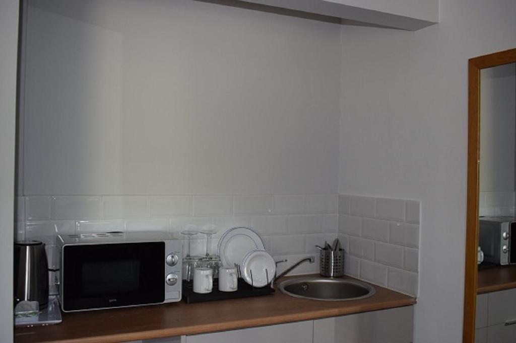 a kitchen counter with a sink and a microwave at Newlands Holidays in Bridport