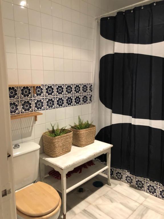La salle de bains est pourvue de toilettes et de 2 plantes sur une table. dans l'établissement Casa Bolsa43, à Sanlúcar de Barrameda