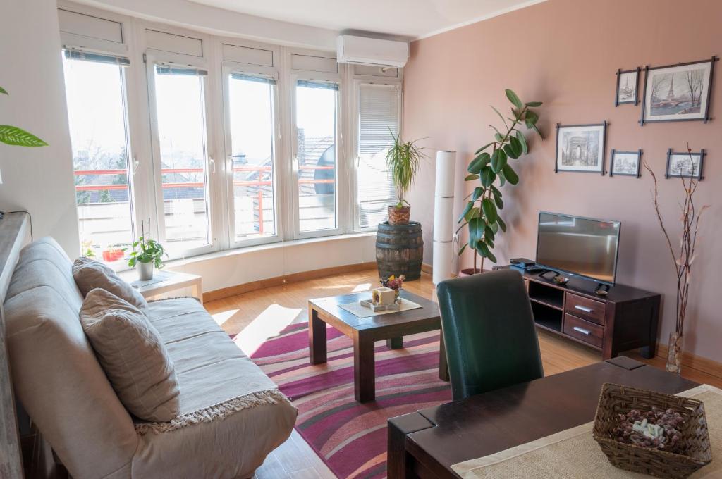 un soggiorno con divano e TV di Modern and bright apartment in Ruma a Ruma