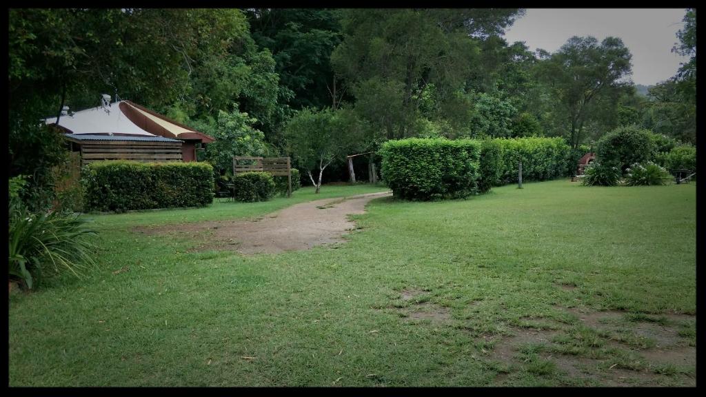 a grassy yard with a path leading to a house at Bielby's Hideaway in Eudlo