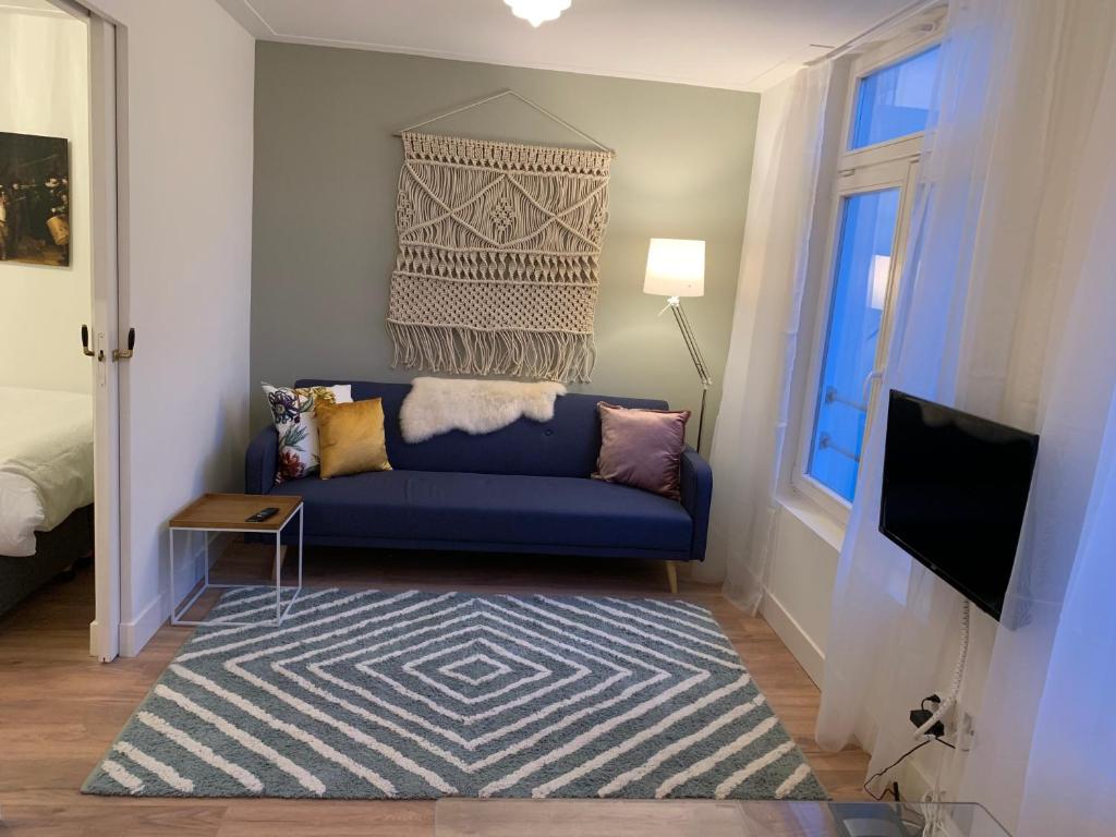 ein Wohnzimmer mit einem blauen Sofa und einem Teppich in der Unterkunft Kangaroom in Amsterdam