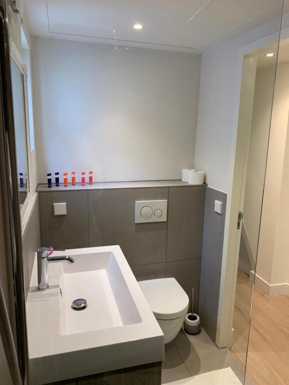 ein Badezimmer mit einer weißen Toilette und einem Waschbecken in der Unterkunft Kangaroom in Amsterdam
