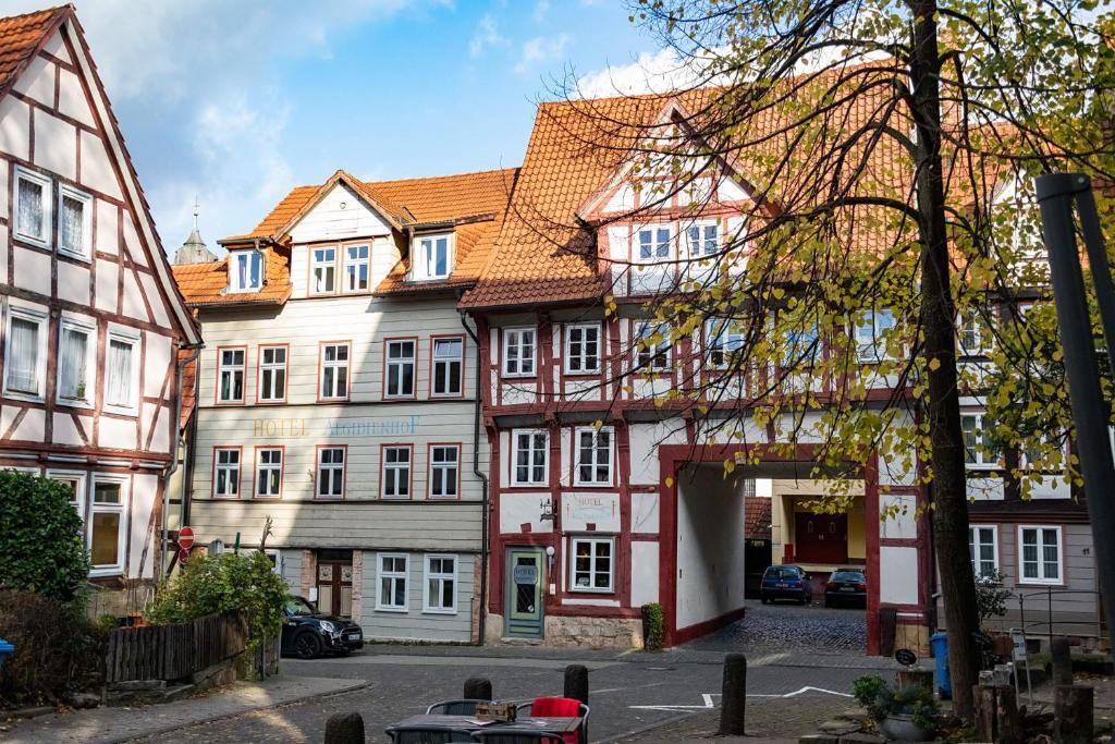 um grupo de edifícios numa cidade com uma rua em Hotel Aegidienhof em Hannoversch Münden