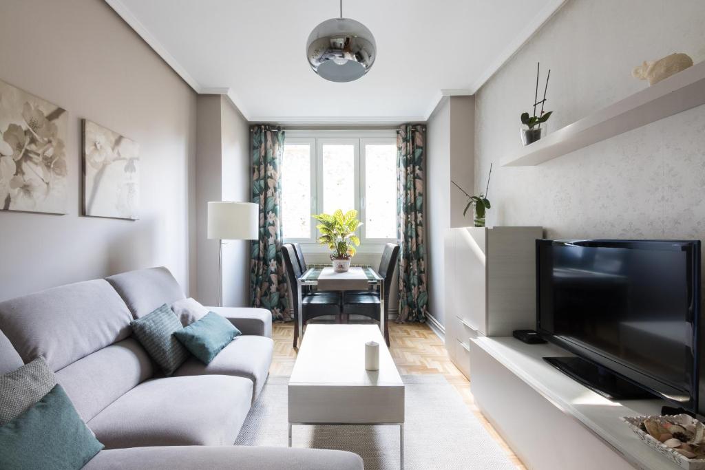 a living room with a couch and a flat screen tv at Downtown apartment in San Sebastián