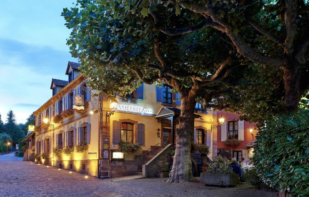 a building with a tree in front of a street at Hotel Restaurant L&#39;Ami Fritz in Ottrott