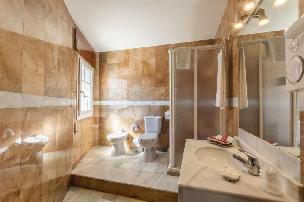 a bathroom with a toilet and a sink and a shower at Hotel La Parrita in Rota