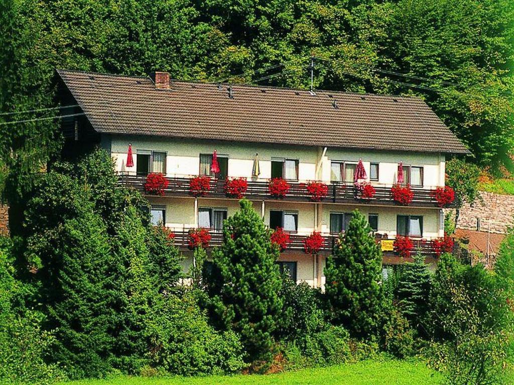 una casa con un balcón con flores rojas. en Pension Waldfrieden en Oberharmersbach