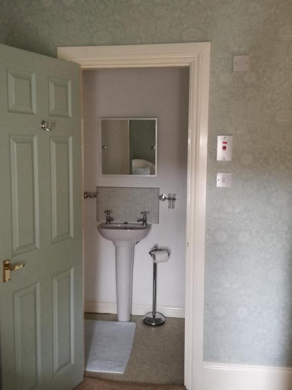 a bathroom with a sink and a mirror at Captains Lodge in Newbiggin-by-the-Sea