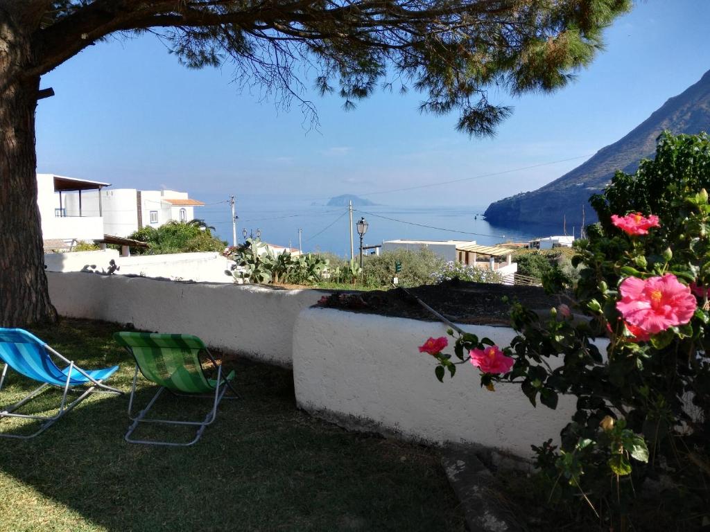 un jardín con un árbol y vistas al agua en Case Vacanza Cafarella, en Malfa