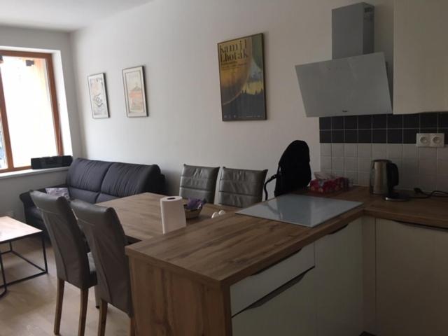 a kitchen and living room with a table and chairs at Apartmán Čihadla in Bedřichov