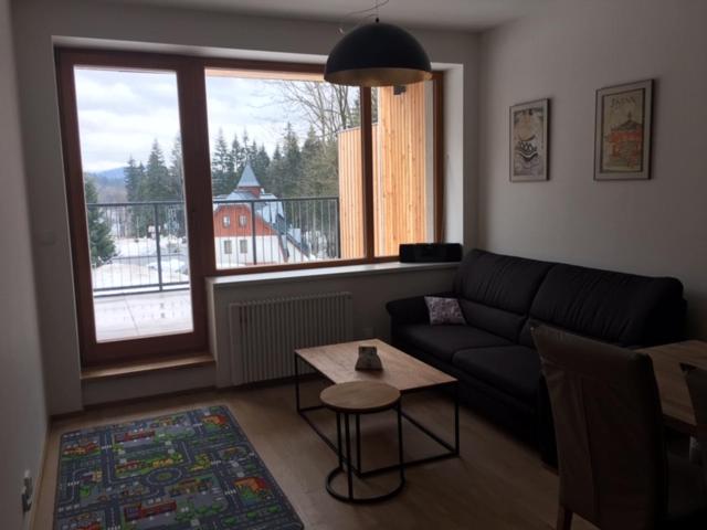a living room with a couch and a table and a window at Apartmán Čihadla in Bedřichov