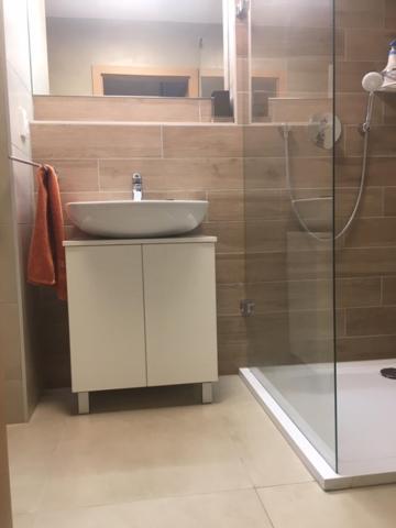 a bathroom with a sink and a shower at Apartmán Čihadla in Bedřichov