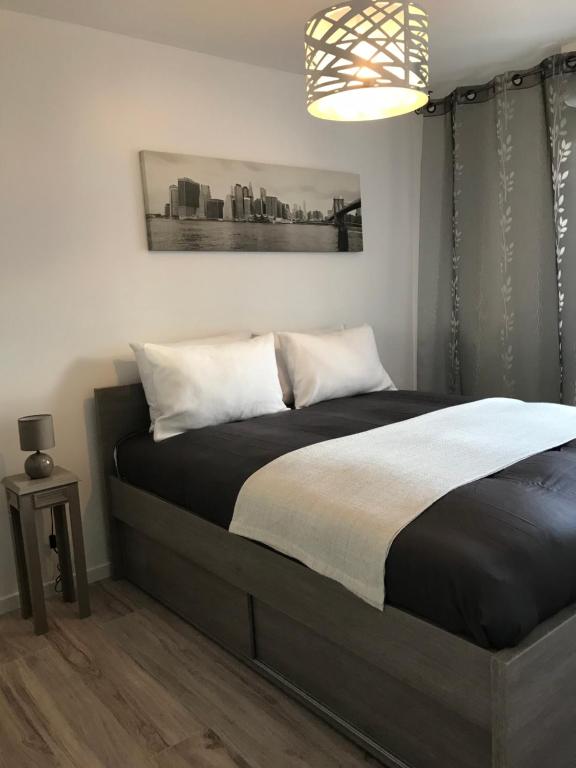 - une chambre avec un lit et un lustre dans l'établissement Roanne-centre appartement, à Roanne