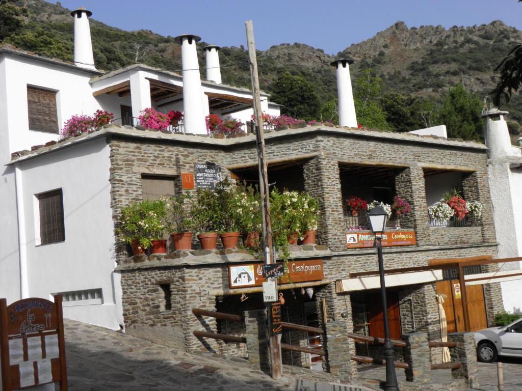 a building with potted plants on top of it at Apartamentos Casalpujarra in Bubión