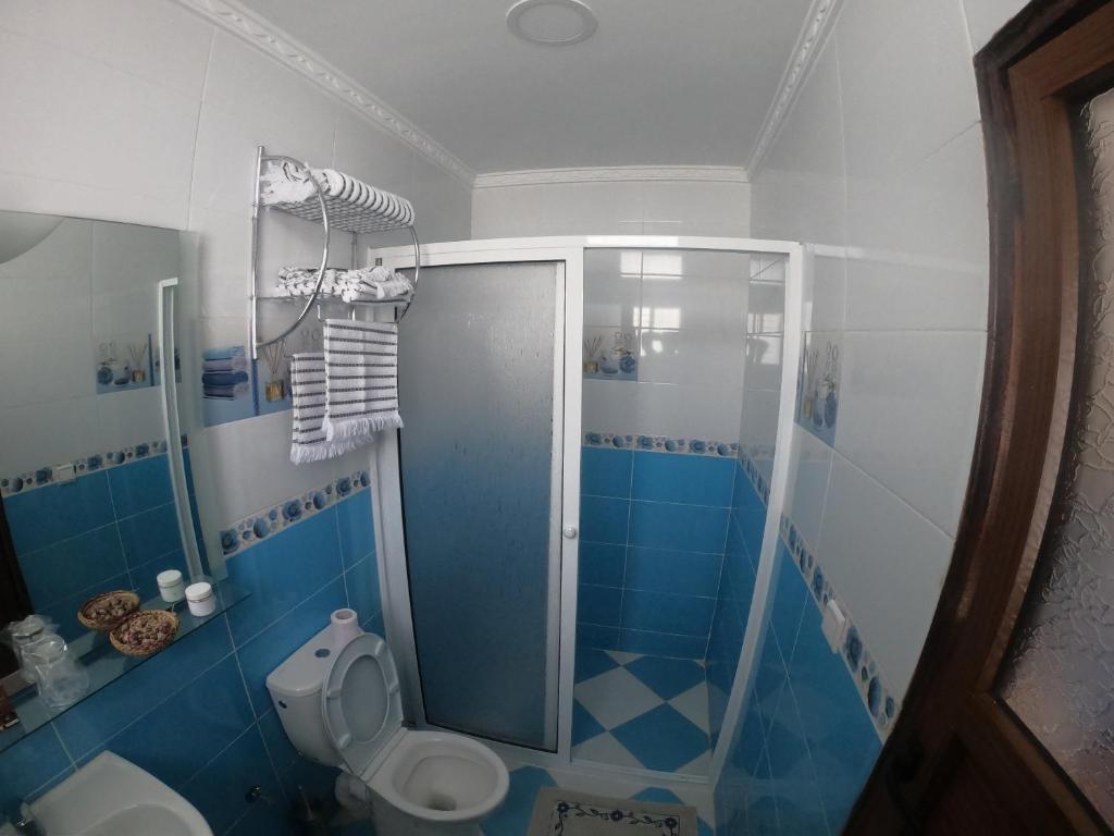 a blue bathroom with a shower and a toilet at TANJITAN HOSPITALITE in Tangier