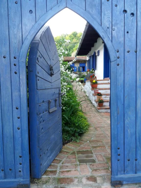 an archway with a blue door in a yard at Casa Anca Cheile Nerei in Socolari
