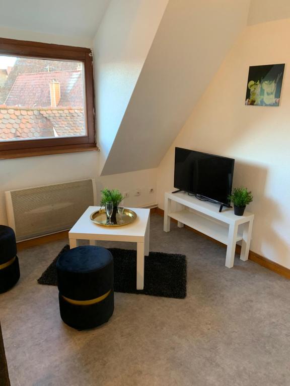 sala de estar con TV y mesa en Studio à Ribeauvillé en Ribeauvillé