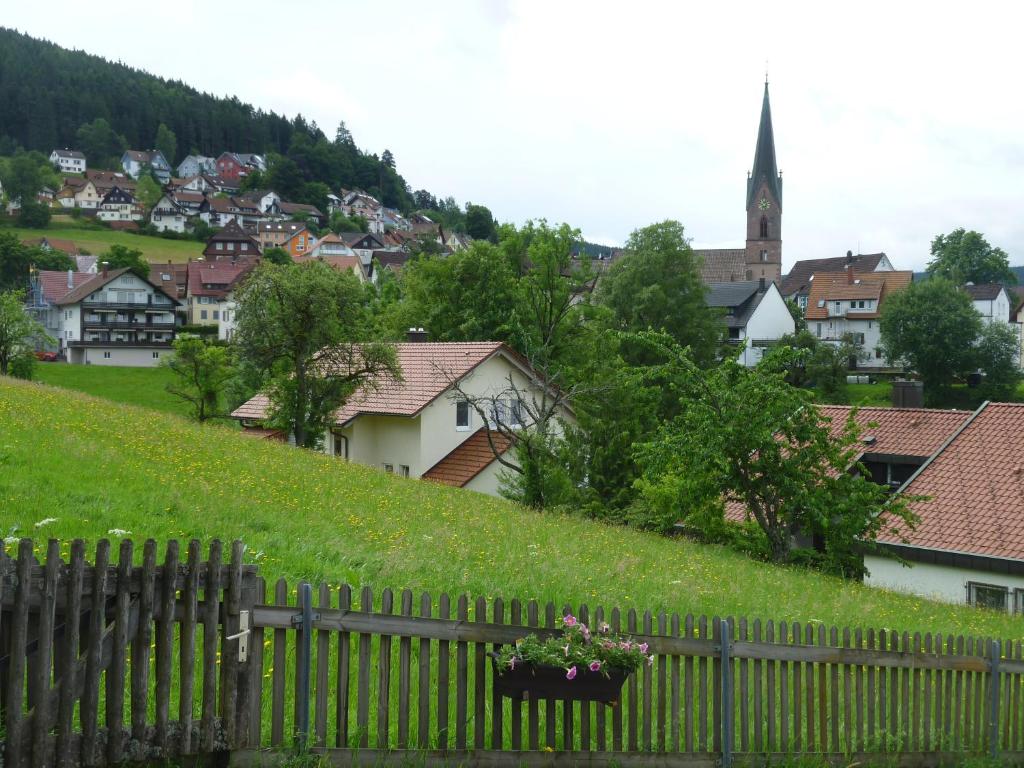 een dorp met een hek en een kerk op een heuvel bij Nähe Nationalpark in Baiersbronn