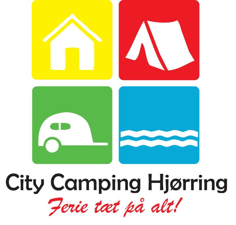 a group of four colored signs with a car and a house at City Camping Hjørring in Hjørring