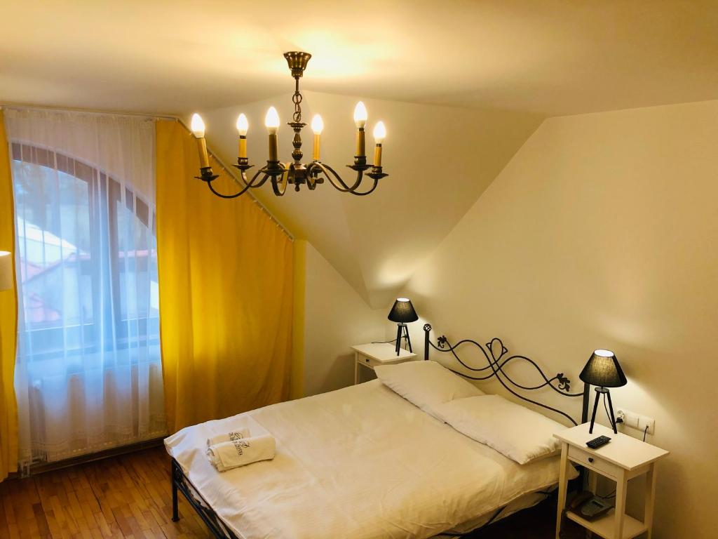 1 dormitorio con cama y lámpara de araña en Hotel Artis, en Moderówka