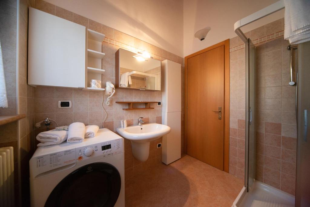 a bathroom with a washing machine and a sink at Agriturismo Corte dei Fiori in Caprino Veronese