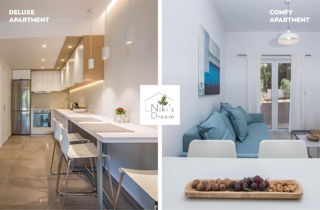 una cucina e un soggiorno in una casa di Nikis Dream Comfy Apartments a Chania