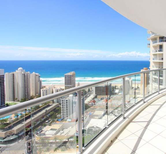 a view of the ocean from the balcony of a building at Beach Stay - Ocean & Riverview resort Chevron Renaissance central Surfers Paradise in Gold Coast