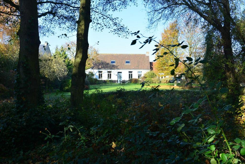 a house in the middle of a field with trees at Les Jardins in Hoymille