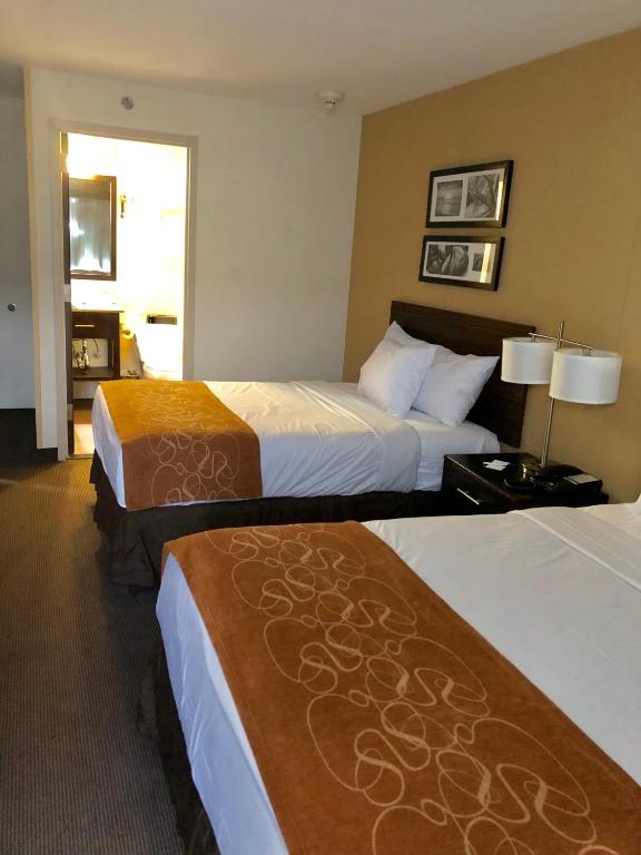 ブルックリンにあるThe Vue Inn Brooklynのベッドが2つと窓があるホテルの部屋