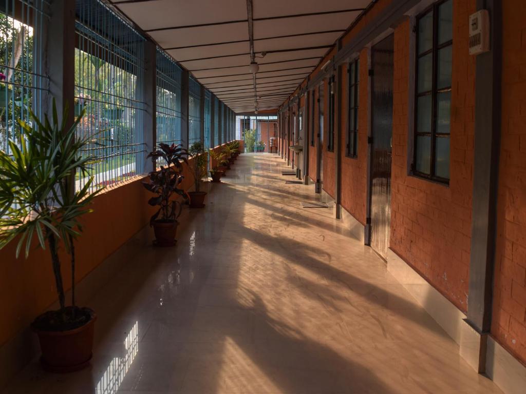 an empty hallway of a building with potted plants at Bononi in Jorhāt