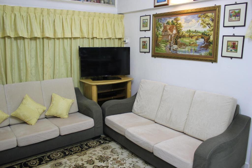 ein Wohnzimmer mit einem Sofa und einem Flachbild-TV in der Unterkunft Macallum Budget Muslim Homestay in George Town