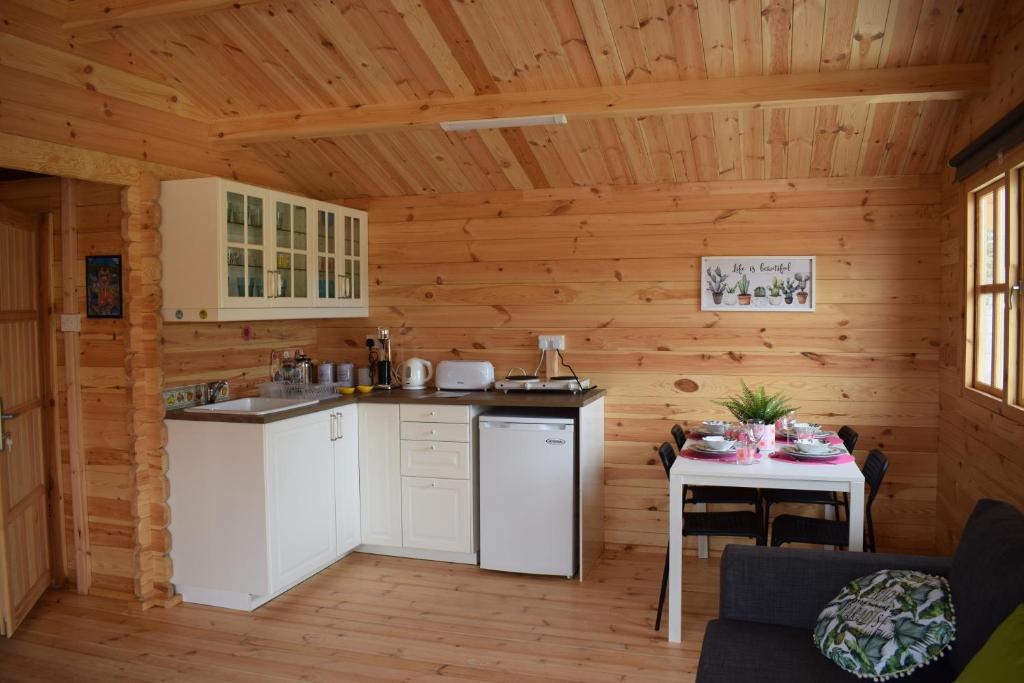 a kitchen in a log cabin with a table at Cyprus Glamping Park in Ayios Theodhoros