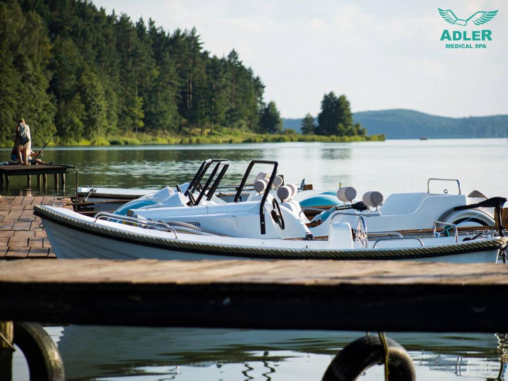 White recreational boats moored at a wooden dock on a calm lake, forested shoreline.