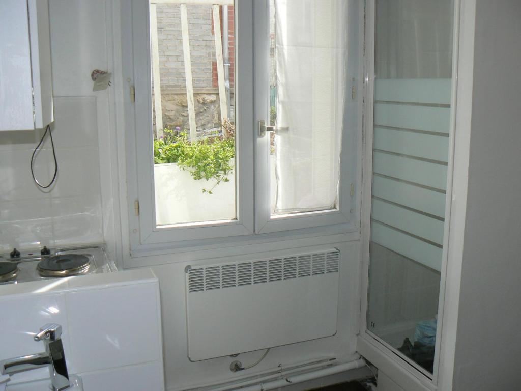 ein Badezimmer mit einem Waschbecken und ein Fenster mit einer Pflanze in der Unterkunft Paris Porte d'Orléans Cachan RER B direct JO Paris 2024 in Cachan