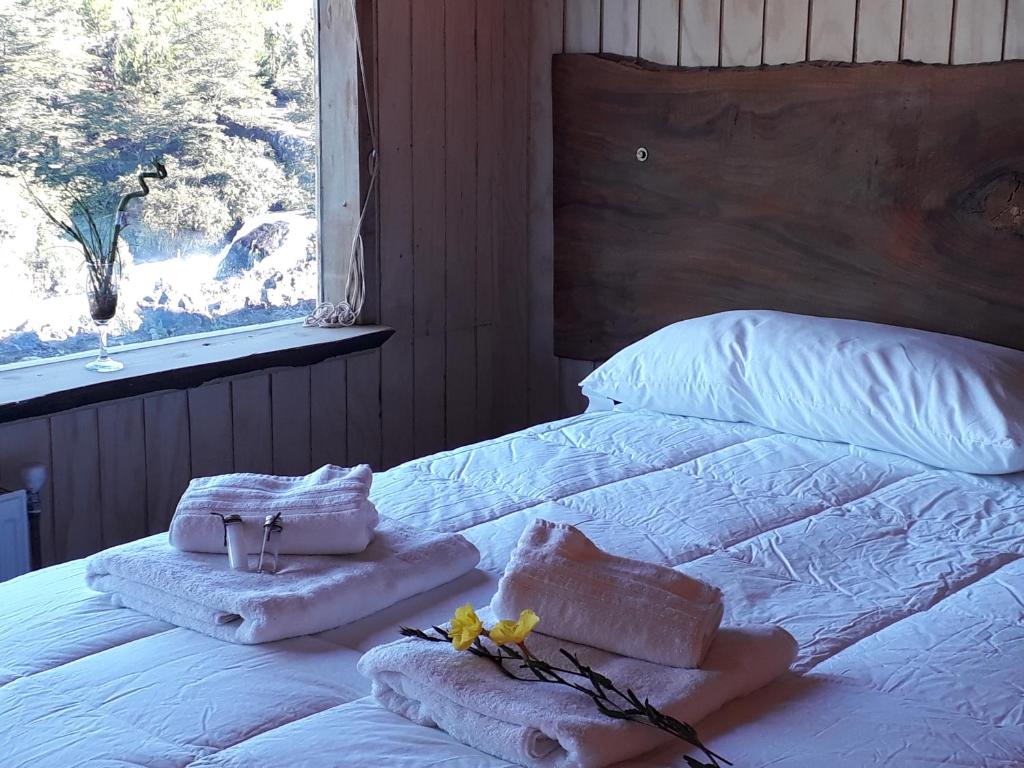 a bedroom with a bed with towels and a window at Hotel Patagonia Truful y lodge Patagonia truful in Melipeuco